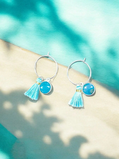 Handmade Stainless Steel Hoop Earrings With Teal Tassel and Amazonite Stone Charm – Unique Jewelry | Made in USA Michelle Marie Boutique  Earrings