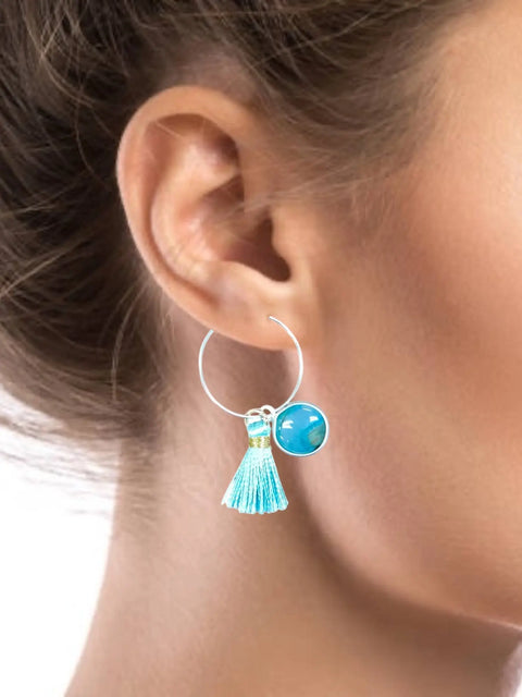 Handmade Stainless Steel Hoop Earrings With Teal Tassel and Amazonite Stone Charm – Unique Jewelry | Made in USA Michelle Marie Boutique  Earrings