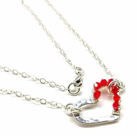Handmade Sterling Silver Hammered Heart Necklace – Red Crystal Accents | Made in USA Alexa Martha Designs  Necklace
