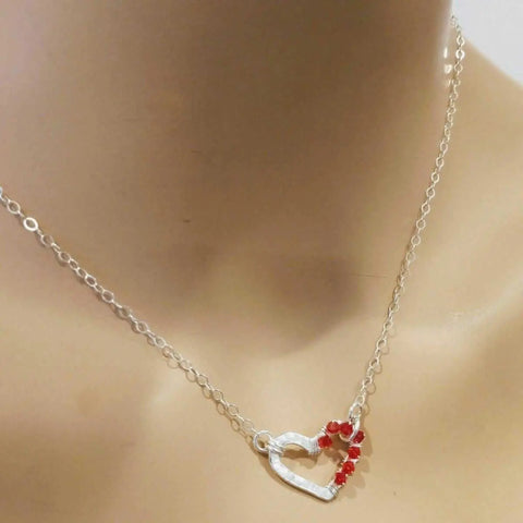 Handmade Sterling Silver Hammered Heart Necklace – Red Crystal Accents | Made in USA Alexa Martha Designs  Necklace