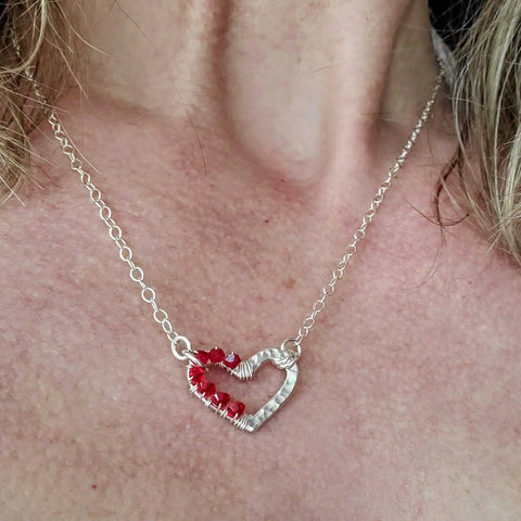 Handmade Sterling Silver Hammered Heart Necklace – Red Crystal Accents | Made in USA Alexa Martha Designs  Necklace