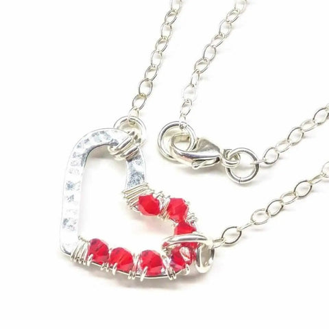 Handmade Sterling Silver Hammered Heart Necklace – Red Crystal Accents | Made in USA Alexa Martha Designs  Necklace