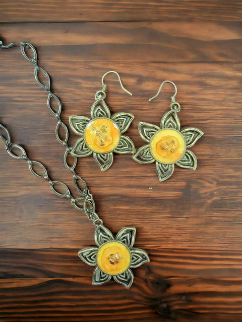 Handmade Sunflower Pendant Necklace and Earrings Set – Resin and Aged Brass Jewelry | Made in USA with Golden Accents Michelle Marie Boutique  Necklace and Earring Set