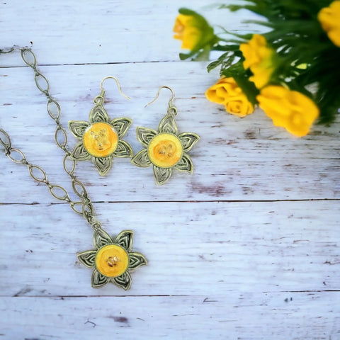 Handmade Sunflower Pendant Necklace and Earrings Set – Resin and Aged Brass Jewelry | Made in USA with Golden Accents Michelle Marie Boutique  Necklace and Earring Set