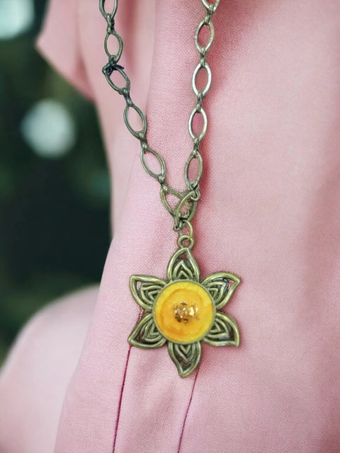 Handmade Sunflower Pendant Necklace and Earrings Set – Resin and Aged Brass Jewelry | Made in USA with Golden Accents Michelle Marie Boutique  Necklace and Earring Set