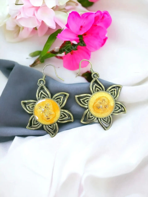 Handmade Sunflower Pendant Necklace and Earrings Set – Resin and Aged Brass Jewelry | Made in USA with Golden Accents Michelle Marie Boutique  Necklace and Earring Set