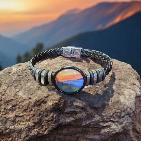 Handmade Sunset Mountains Braided Leather Bracelet 7-9 Inch Adjustable Band | Nature-Inspired Jewelry Made in USA Michelle Marie Boutique  Bracelets
