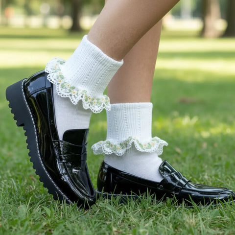 Handmade Yellow Floral Lace Cuff Ankle Socks – Breathable Cotton Blend Women’s Socks | Made in USA Catherine Cole  socks