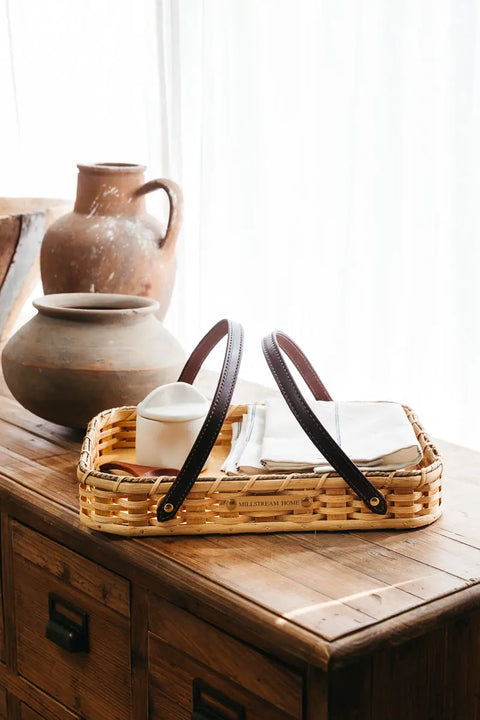 Handwoven 15 Inch Casserole Basket With Full Grain Leather Handles – Amish Craft | Made In USA Millstream Home  Baskets