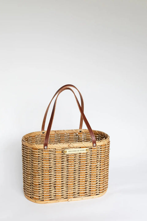 Handwoven Braided Reed Basket With Full Grain Leather Handles 12.5 Inch – Amish Craft | Made In USA Millstream Home  Baskets