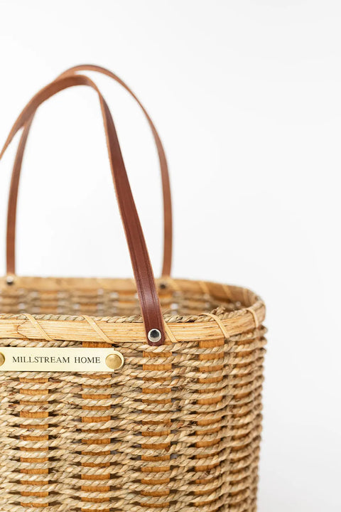 Handwoven Braided Reed Basket With Full Grain Leather Handles 12.5 Inch – Amish Craft | Made In USA Millstream Home  Baskets