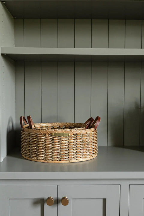 Handwoven Oval Nesting Basket With Full Grain Leather Handles – Decorative Storage | Made in USA Millstream Home  Baskets