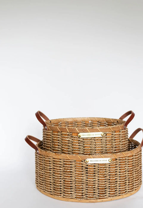 Handwoven Oval Nesting Basket With Full Grain Leather Handles – Decorative Storage | Made in USA Millstream Home  Baskets