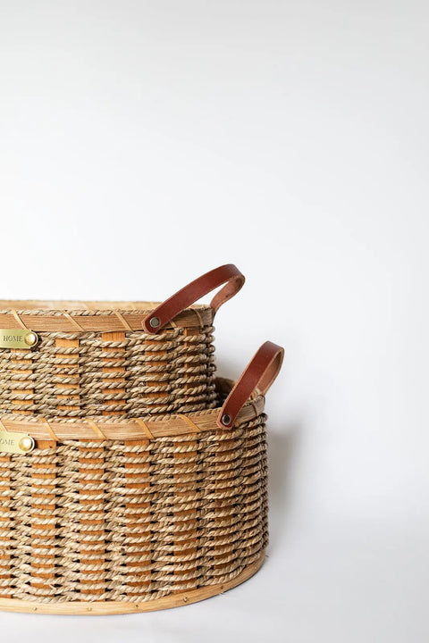 Handwoven Oval Nesting Basket With Full Grain Leather Handles – Decorative Storage | Made in USA Millstream Home  Baskets