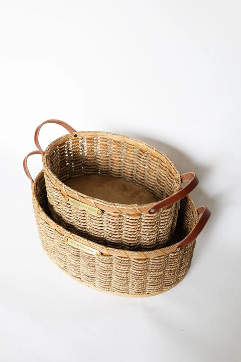 Handwoven Oval Nesting Basket With Full Grain Leather Handles – Decorative Storage | Made in USA Millstream Home  Baskets