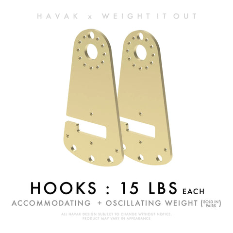 Two beige Havak Hook 15 Pounds Solid Steel Pairs by Weight It Out are shown upright. Each pair supports 15 lbs and is ideal for managing oscillating weight in barbell training. Includes branding and product disclaimers.