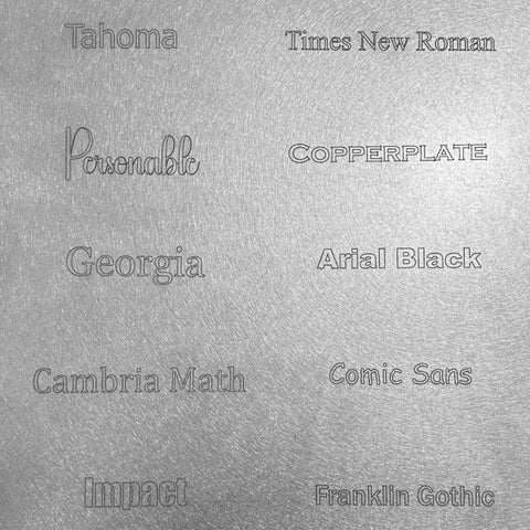Image displaying font names in their own styles—such as Tahoma and Copperplate—set against a metallic background inspired by the Havens Luxury Metals Ash Tray - Stainless Steel.