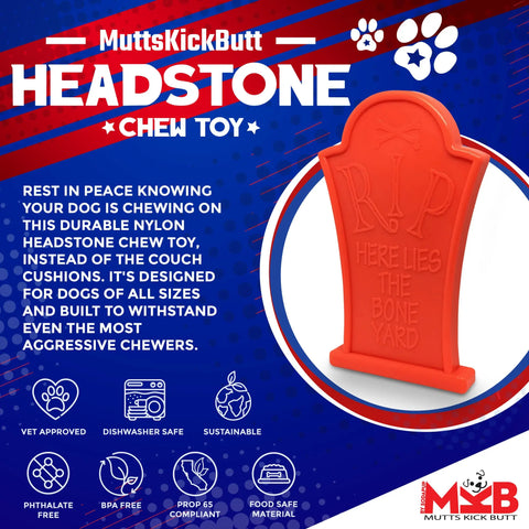 SodaPup’s Headstone Ultra Durable Nylon Dog Chew Toy, shaped like a tombstone and labeled RIP Here Lies The Bone Yard, offers safe, sustainable construction and is perfect for aggressive chewers.