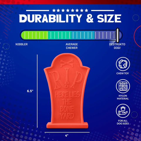 The SodaPup Headstone Ultra Durable Nylon Dog Chew Toy, in red and tombstone-shaped, is displayed on a blue background with durability and size details, feature icons, and a scale for all pups—from gentle nibblers to aggressive chewers like Destrukto Dog.