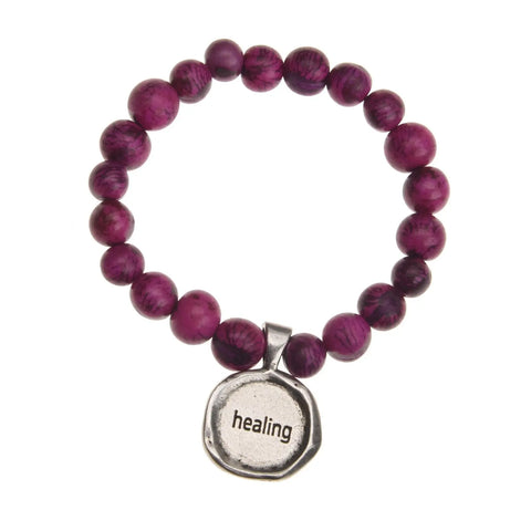 Healing Acai Berry Seed Bracelet With Handcrafted Pewter Wax Seal Charm – Tiger Fuschia Beads | Made in USA Whitney Howard Designs  Wax Seals Acai Seeds of Life
