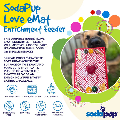 A vibrant ad for the SodaPup Heart Design Love EMat Lick Mat, featuring a heart pattern with treats. The image showcases its dishwasher safety, BPA-free construction, and food-safe materials.