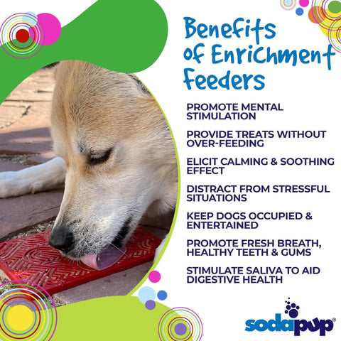 A dog licks food from the red Heart Design Love EMat Lick Mat by SodaPup, enjoying mental stimulation and healthier teeth. Text highlights these enrichment benefits, with the SodaPup logo at the bottom.