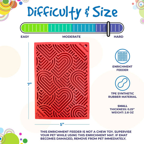 The SodaPup Heart Design Love EMat Lick Mat is a red, rectangular TPE toy with heart patterns, measuring 7x5, weighing 2.8 oz, and rated moderate in difficulty for dog enrichment.
