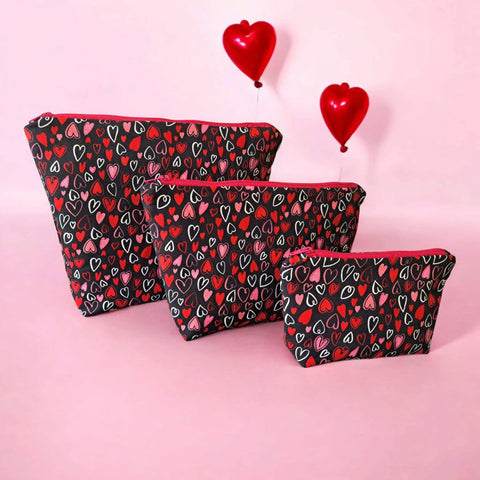 Hearts Pattern Makeup Bag Trio – Small, Medium, Large Cosmetic Pouches with Zipper | Handmade in USA Frances Farm & Craft  Cosmetic bags