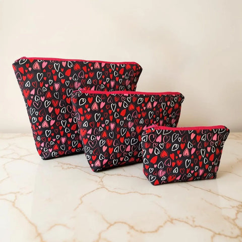 Hearts Pattern Makeup Bag Trio – Small, Medium, Large Cosmetic Pouches with Zipper | Handmade in USA Frances Farm & Craft  Cosmetic bags
