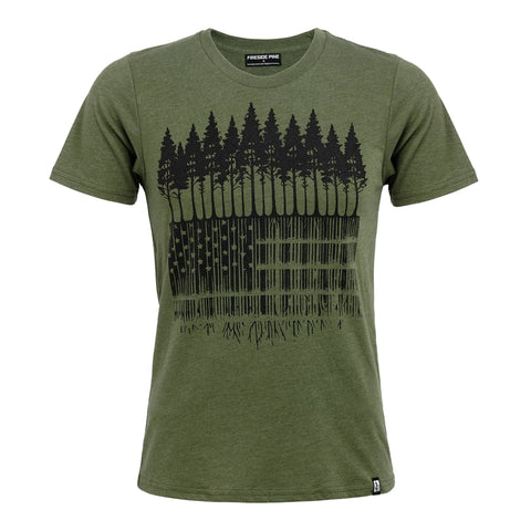 The Fireside Pine Mono-Rooted - Heathered Army is an olive green, regular fit tee with tall pine trees forming the top of the American flag and vertical stripes below. Made in the USA from soft combed ring spun cotton.