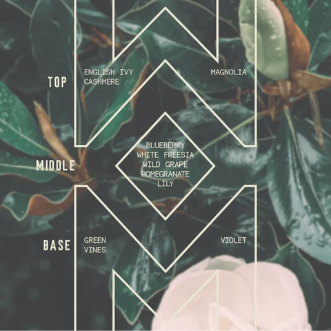 A floral fragrance pyramid overlays magnolia leaves and blooms, listing top notes—English ivy, cashmere, magnolia; middle—blueberry, white freesia, wild grape, pomegranate, lily; base—green vines, violet. Heathered Cashmere Signature Candle by Sawdust & Embers.