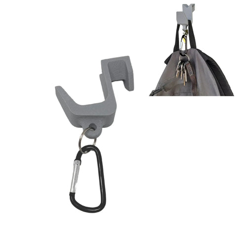 The Carabiner Fence Holder by Chatelet Manufacturing features a gray plastic hook with a black carabiner. Inset image shows it in use, hanging a backpack and keys for convenient item storage.