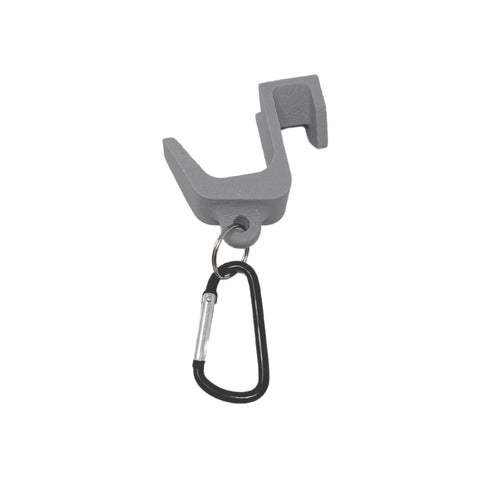 The Chatelet Manufacturing Carabiner Fence Holder is a gray plastic hook with an attached black carabiner, designed for durability, displayed on a plain white background.