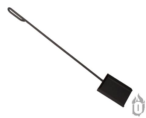 The Ohio Flame Fire Shovel (Made in USA) features a sturdy black metal design with a rectangular head and long handle with loop, making it a perfect addition to your fire pit accessories. Photographed on a white background.