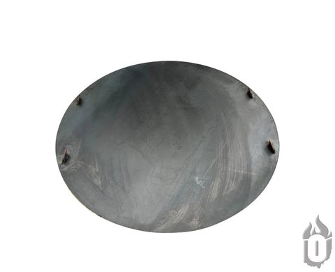 A round, flat, dark metal disk made from American steel with four welded tabs—a Heavy Duty Flat Fire Pit Lid (3/16 Steel) by Ohio Flame, made in the USA—shown on white with a grill logo; an essential fire pit accessory.