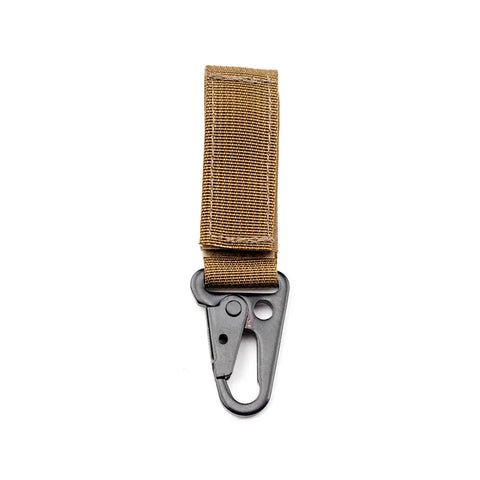 The MIS Duty Key Holder in Coyote Brown features a nylon strap with a heavy-duty belt loop and HK style spring hook, ideal for attaching keys or gear to bags, belts, or outdoor equipment. Shown against a white background.