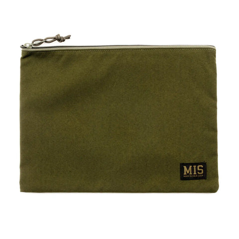 The MIS Tool Pouch L in Olive Drab features durable Cordura Nylon, a small MIS Made in U.S.A. label at the bottom right corner, and a zipper pull with a knotted cord.