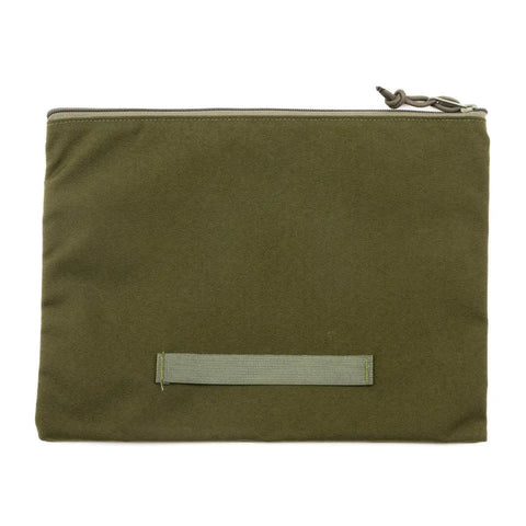 The MIS Tool Pouch L in Olive Drab, made from Cordura Nylon, lies flat on a white background with a matching fabric loop on the front. Made in USA.