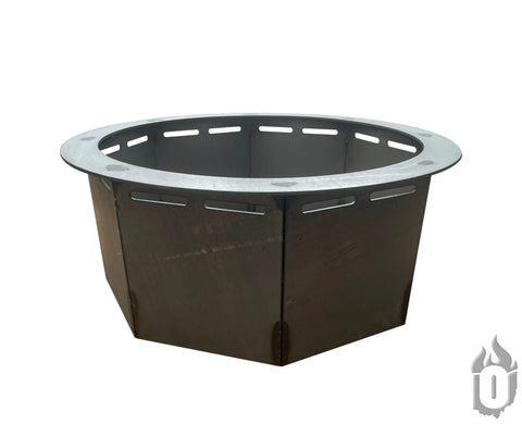 The Ohio Flame Heavy Duty Round Fire Pit Ring, crafted from 3/16 inch steel and made in the USA, is shown on a white background with a small flame logo in the lower right corner.