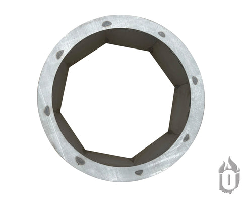 A top view of the Ohio Flame Heavy Duty Round Fire Pit Ring—3/16 Inch Steel, made in the USA—with a silver finish and visible bolts. Ideal as a fire pit insert. Background is white with a faint gear and flame logo in the bottom right corner.