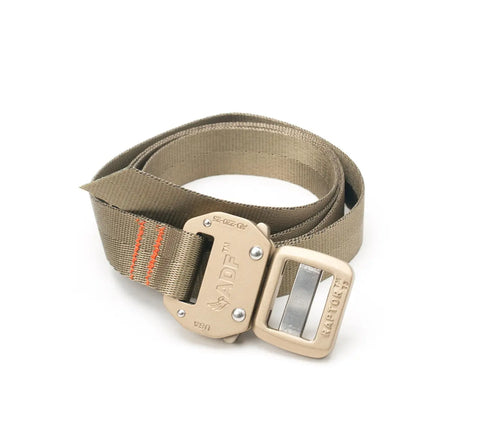 The MIS Tactical Belt - Coyote Tan is a nylon heavy webbing belt with a quick release buckle, orange stitching, and engraved markings on the buckle, coiled neatly on a white background.