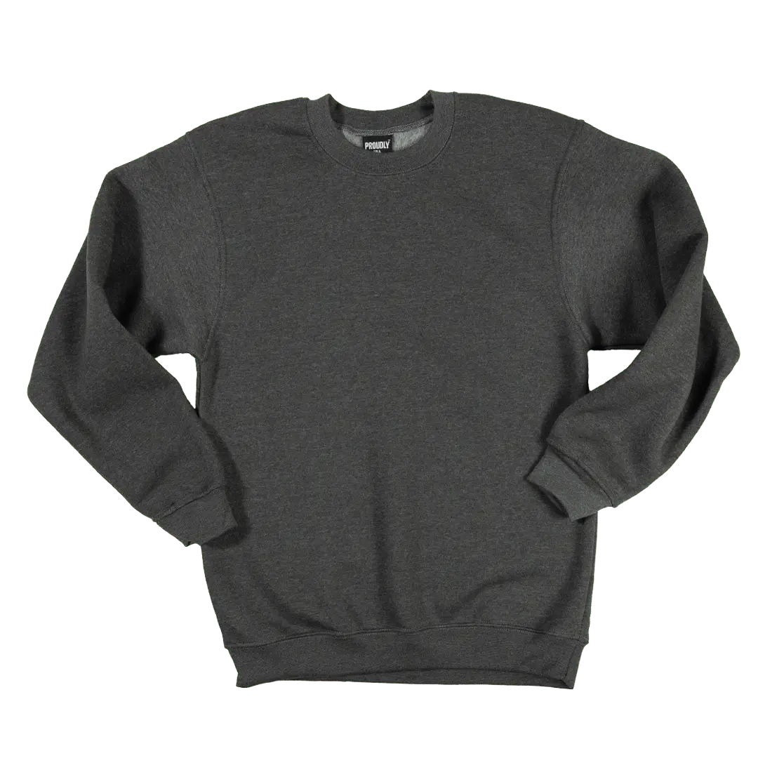 The Proudly USA Crewneck Sweatshirt in Heather Charcoal, made from heavyweight pre-shrunk fabric with long sleeves, is shown laid flat on a white background.