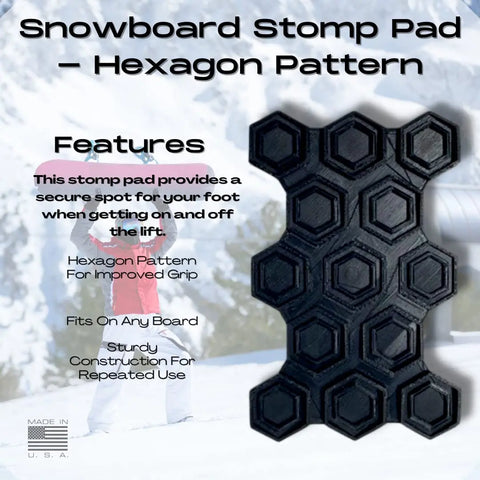 The Chatelet Manufacturing Snowboard Stomp Pad—Hexagon Pattern—is shown against snowy mountains. Text notes its weatherproof, board-compatible grip and durable build. A snowboarder appears blurred in the background.