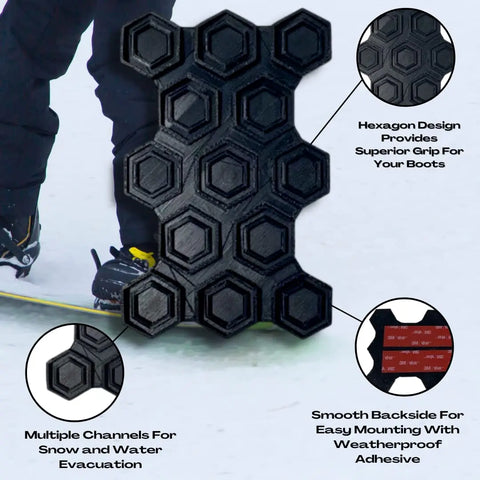 A snowboarder stands on snow next to the Chatelet Manufacturing Snowboard Stomp Pad—Hexagon Pattern, featuring a specialized grip, drainage channels, and a smooth, weatherproof adhesive backside for secure mounting.