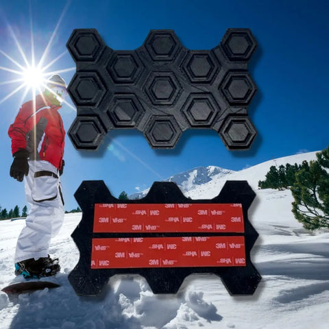 A snowboarder stands on snowy ground with mountains behind. Above, two Chatelet Manufacturing Snowboard Stomp Pads—Hexagon Pattern—are shown, highlighting their specialized grip and weatherproof adhesion for snowboards.