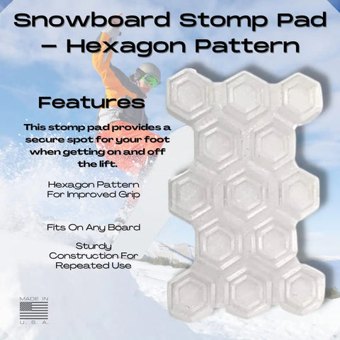 The Chatelet Manufacturing Snowboard Stomp Pad—Hexagon Pattern is shown on a snowy background with a snowboarder in mid-air. Text highlights its better grip, sturdy construction, and weatherproof adhesion for universal snowboard fit.