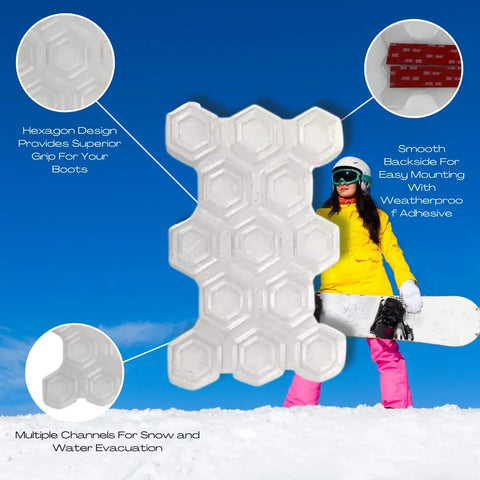 A snowboarder in bright gear stands on snow holding a snowboard. Overlaid is the Chatelet Manufacturing Snowboard Stomp Pad - Hexagon Pattern, with callouts for better grip, snow channels, and weatherproof adhesion.