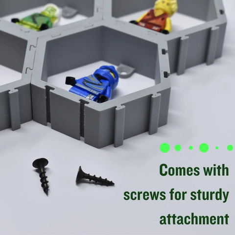 The Chatelet Manufacturing Hexagon Wall Display, compatible with Lego figures, features interlocking hex blocks and includes screws for sturdy attachment—making it a stylish, secure way to customize and display your figures on the wall. Made in USA.
