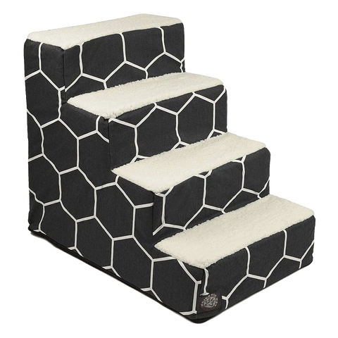 The Majestic Pet Hexo Shapes 4 Steps Pet Stair (Heavy-Duty) features a black and white geometric hexagon design with soft, fuzzy white treads, offering senior pets easy and comfortable climbing.