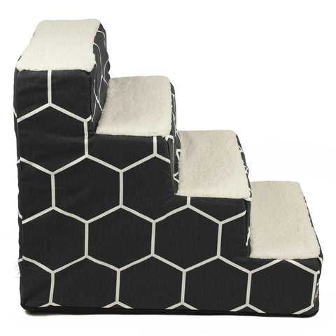 The Majestic Pet Hexo Shapes 4 Steps Pet Stair (Heavy-Duty) features a black design with white hexagonal patterns and soft steps for dogs and cats, shown side view against a white background.